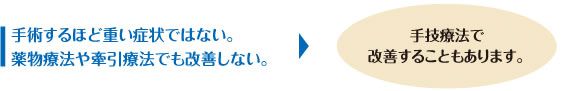 「手術するほど重い症状ではない」「薬物療法や牽引療法でも改善しない」→手技療法で改善することもあります。